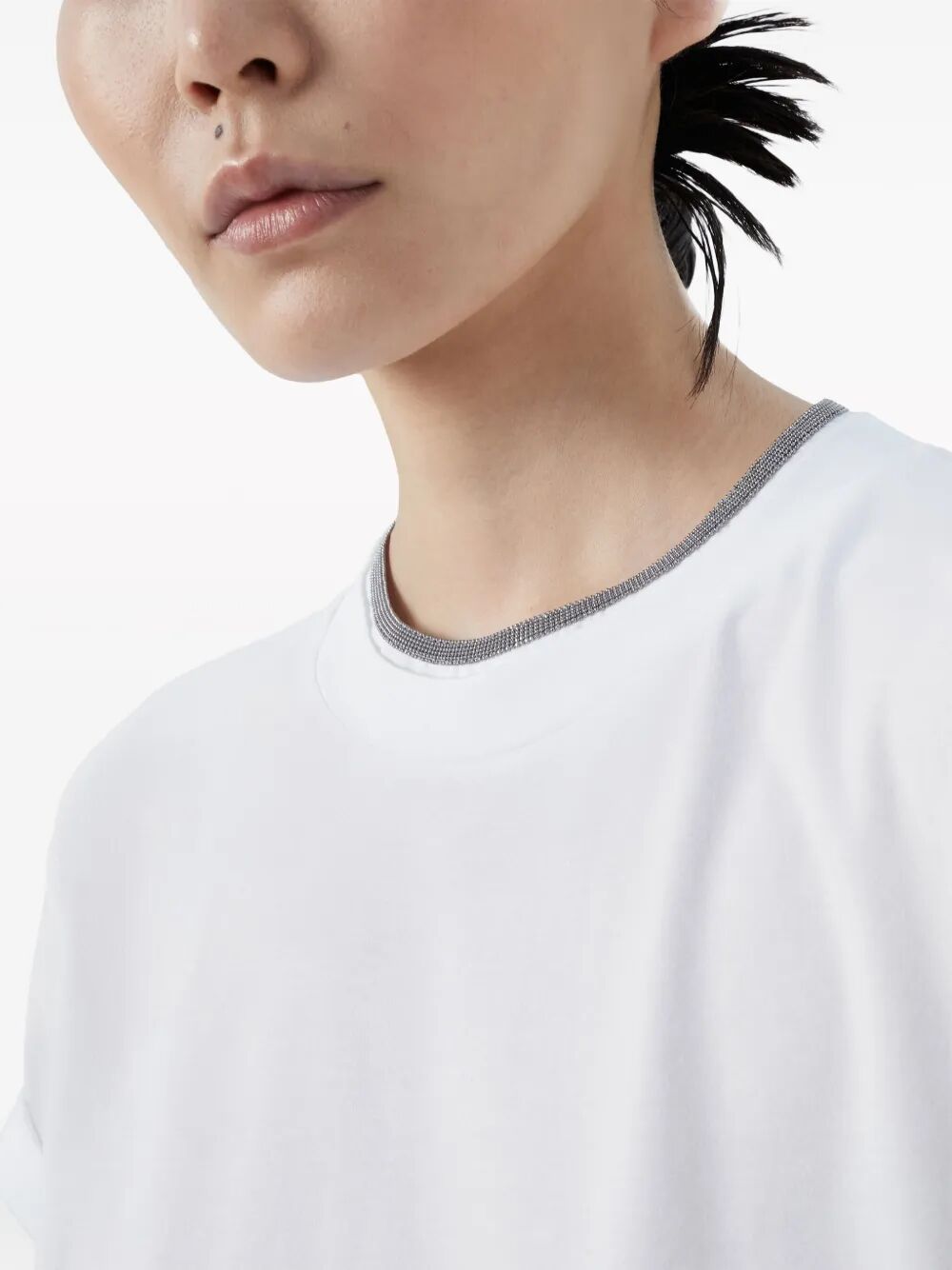 FLAT COTTON STRETCH SHORTSLV TEE W/ MONILI COLLAR