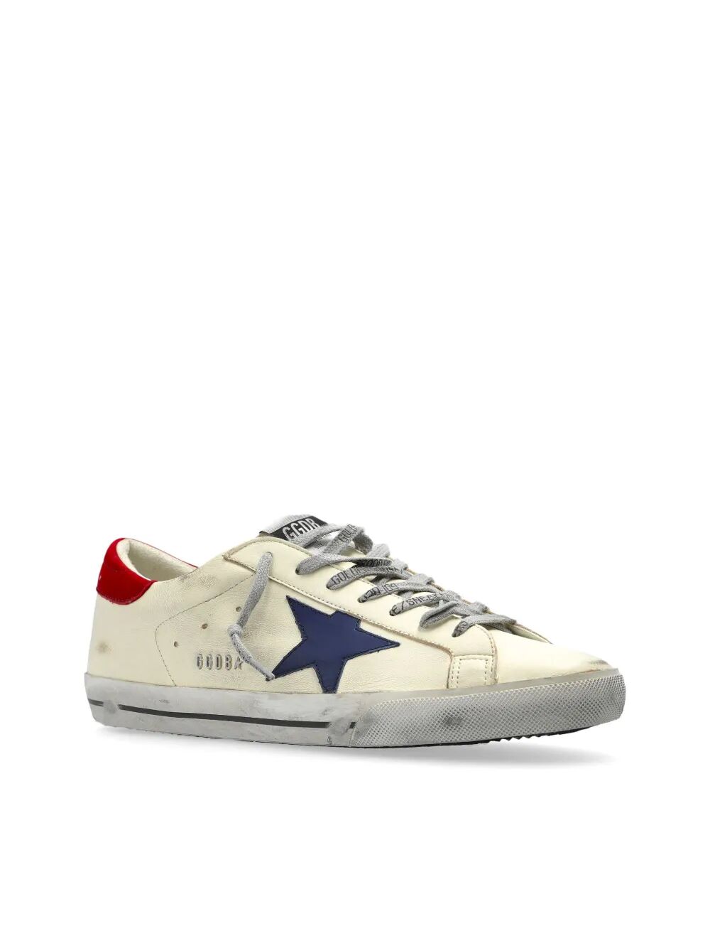 SUPER-STAR SNEAKERS WITH DISTRESSED FINISH, RED LEATHER STAR AND BLUE LEATHER HEEL TAB