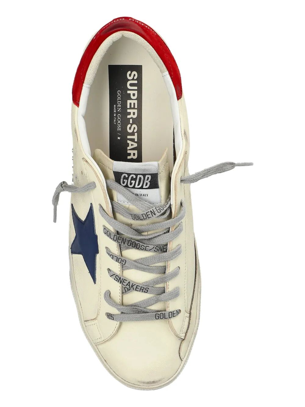 SUPER-STAR SNEAKERS WITH DISTRESSED FINISH, RED LEATHER STAR AND BLUE LEATHER HEEL TAB
