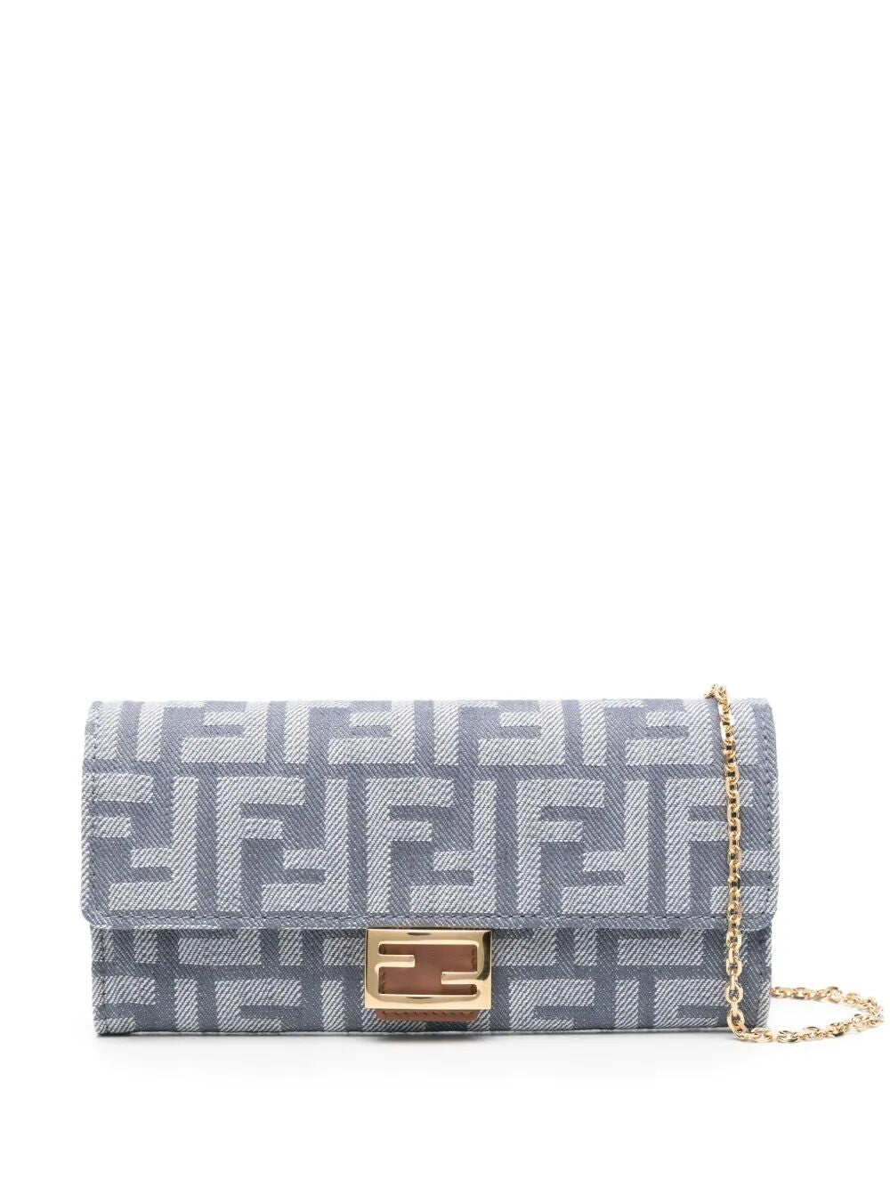DENIM-EFFECT FF JACQUARD BAGUETTE CONTINENTAL WALLET WITH CHAIN