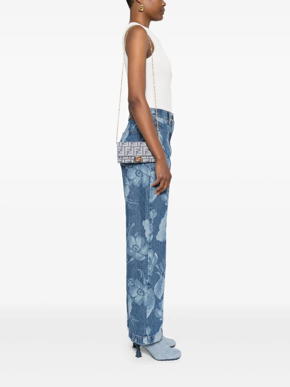 DENIM-EFFECT FF JACQUARD BAGUETTE CONTINENTAL WALLET WITH CHAIN