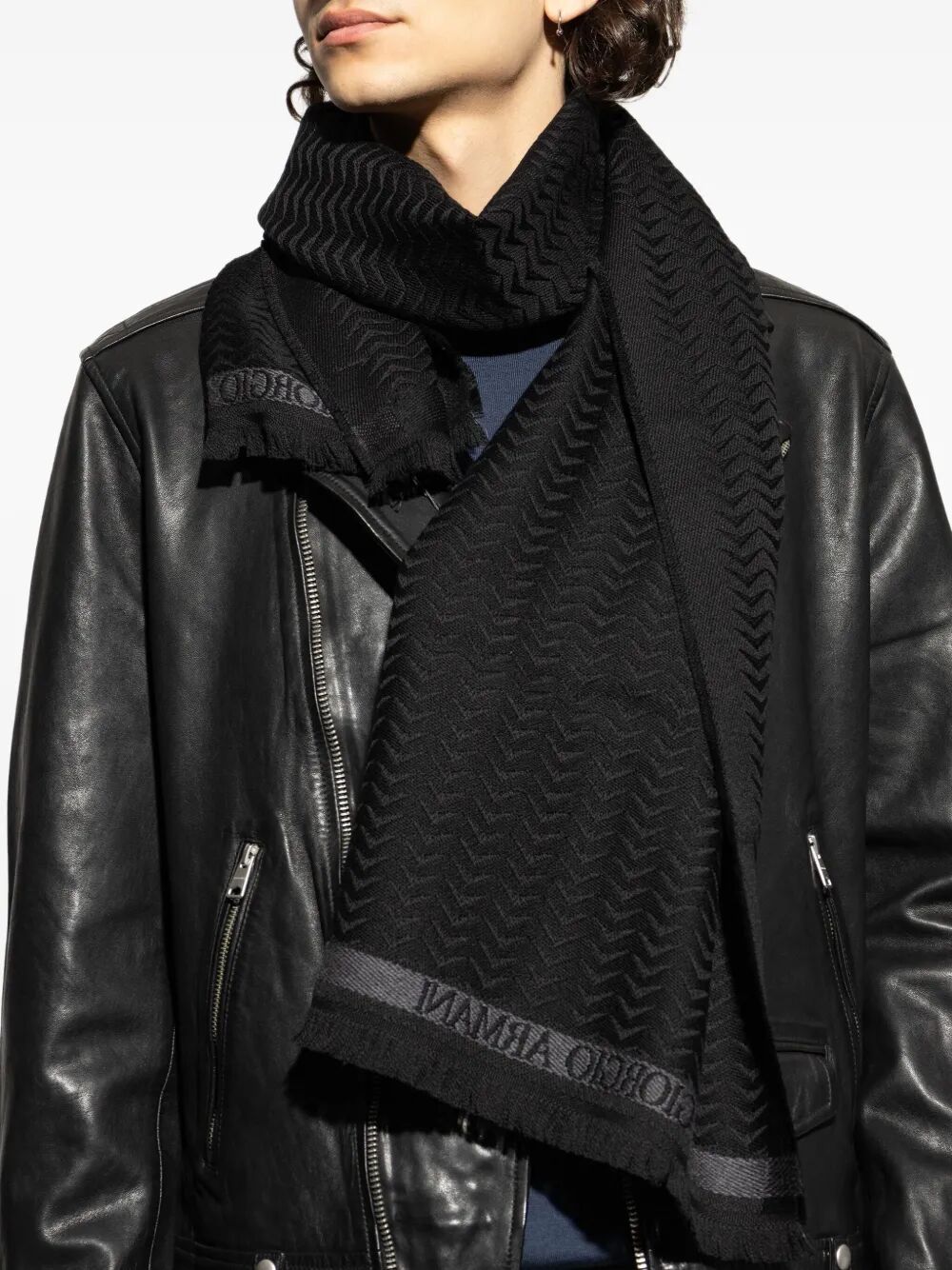 HERRINGBONE PATTERN WOOL FRINGED SCARF