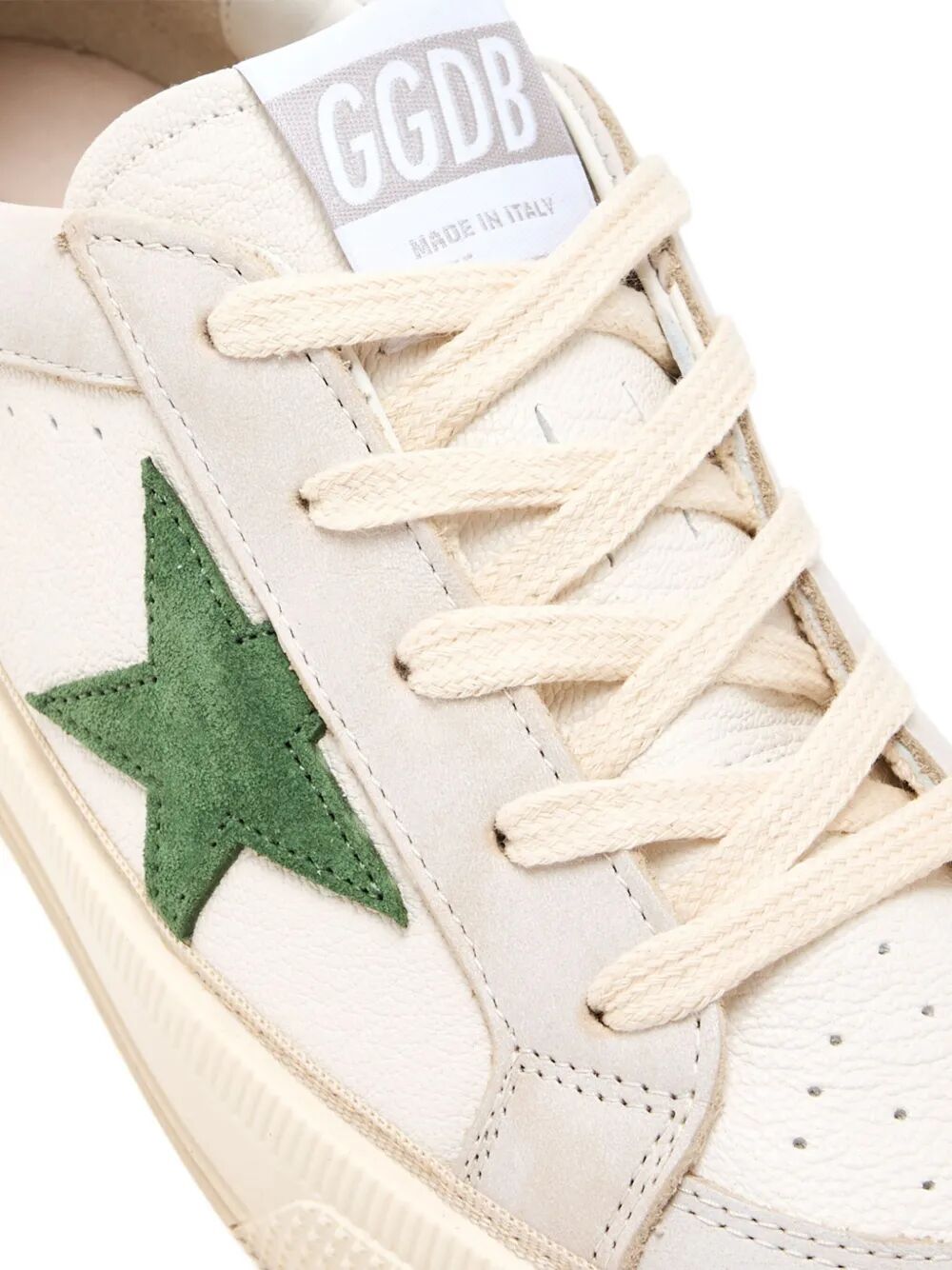 MAY SNEAKERS IN WHITE AND BEIGE LEATHER AND GREEN SUEDE STAR AND HEEL TAB