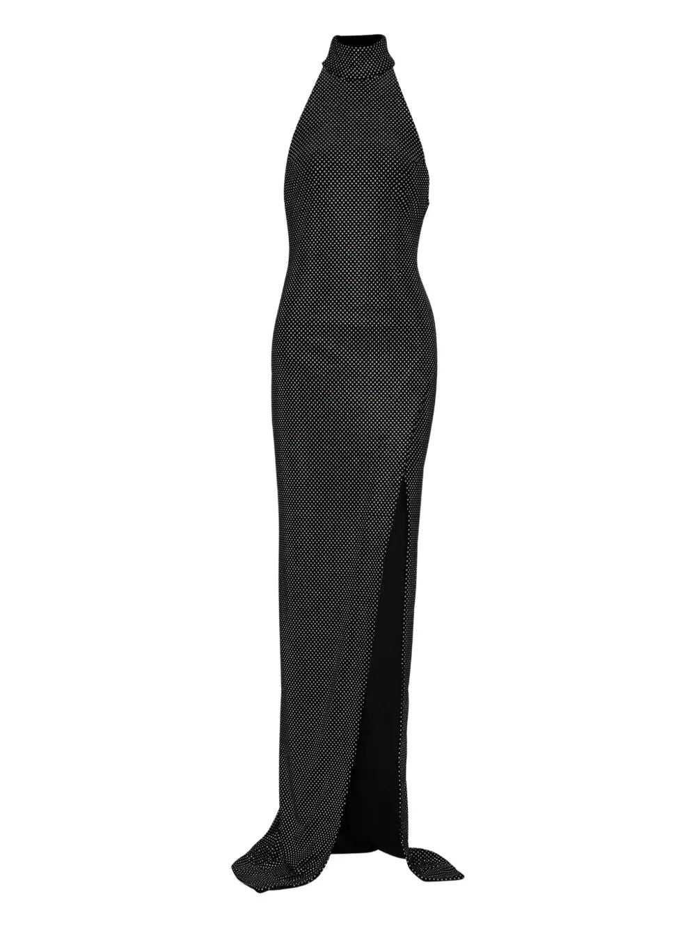 LONG VELVET HALTERNECK DRESS WITH RHINESTONES