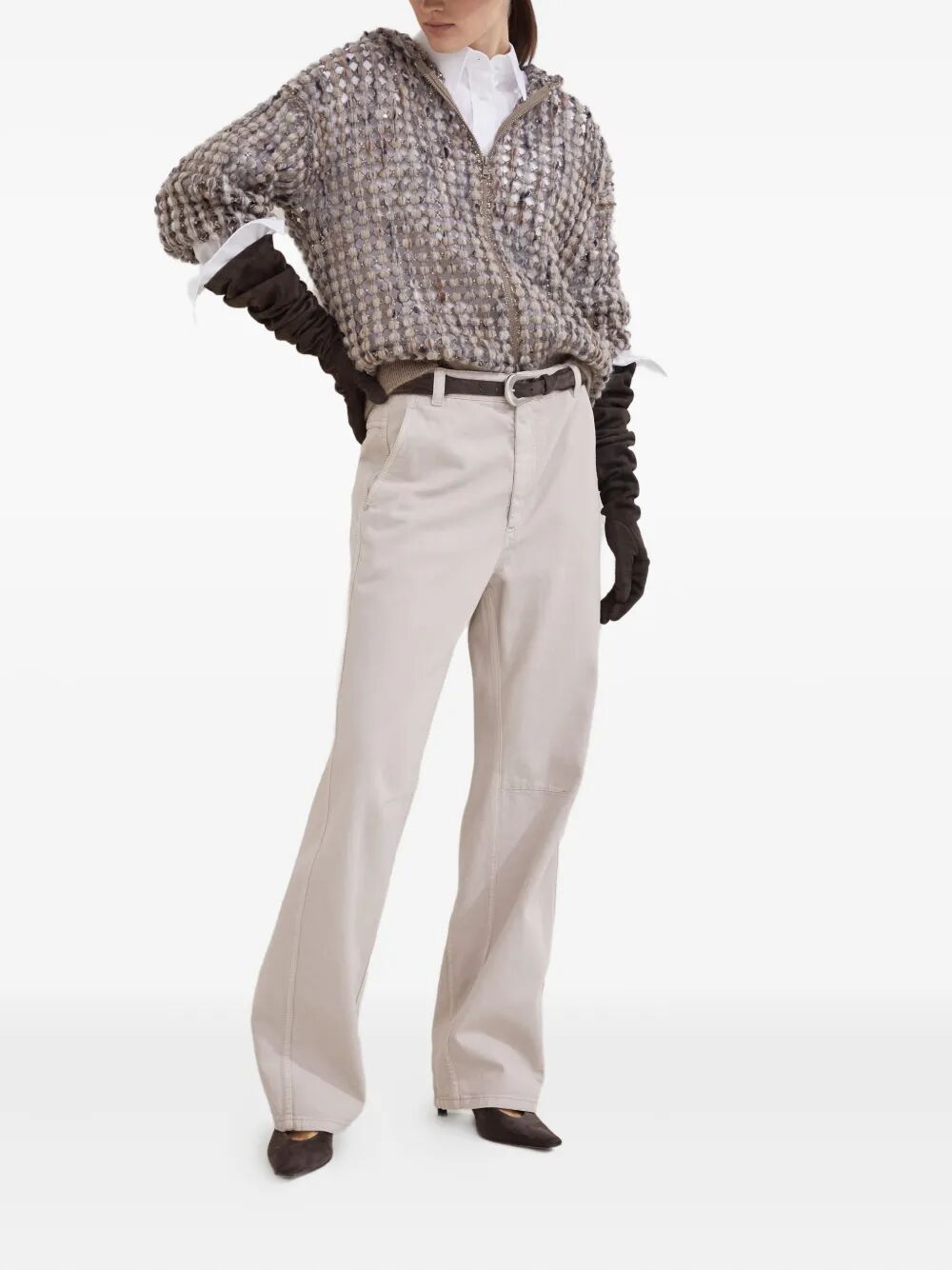 BALLOON NET EMBROIDERY WOOL HOODED CARDIGAN