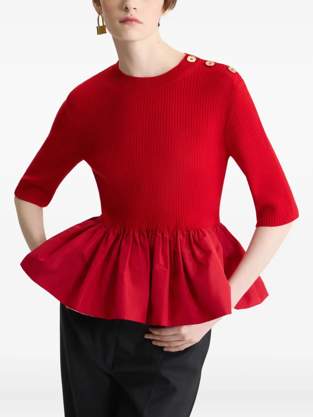 RUFFLE HEM RIBBED JUMPER IN WOOL AND FAILLE