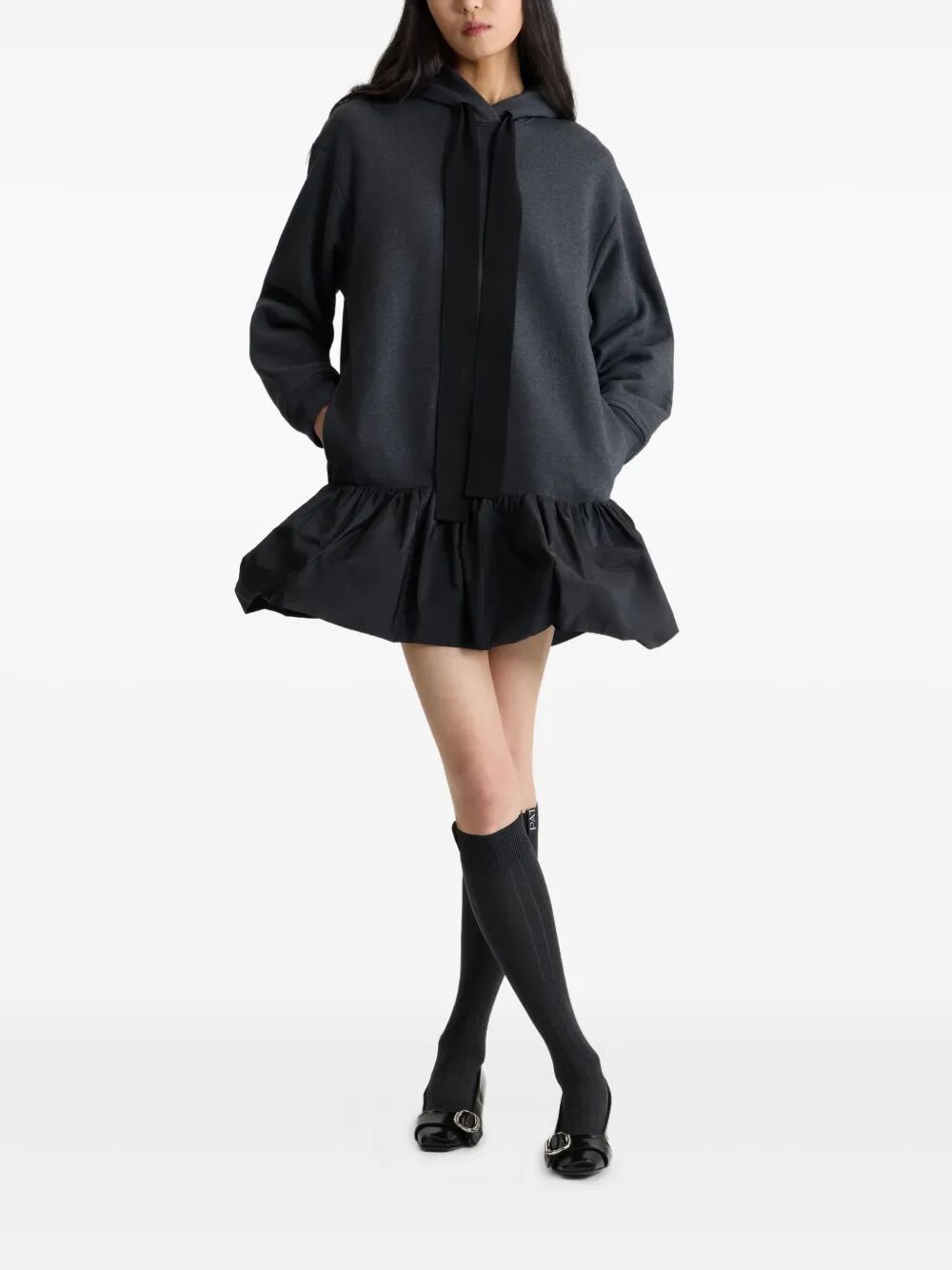 RUFFLE HEM HOODIE DRESS IN ORGANIC COTTON AND FAILLE
