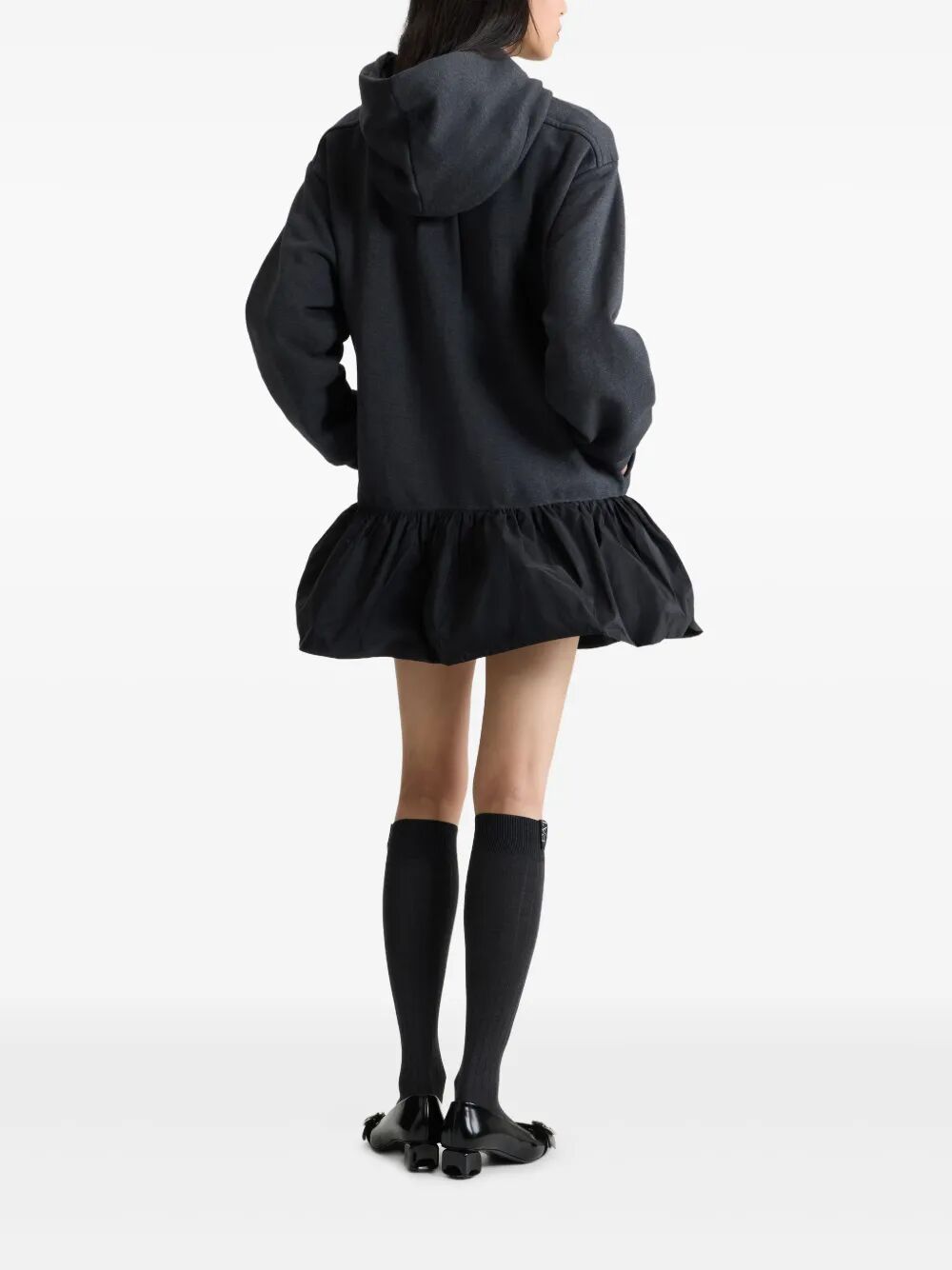 RUFFLE HEM HOODIE DRESS IN ORGANIC COTTON AND FAILLE