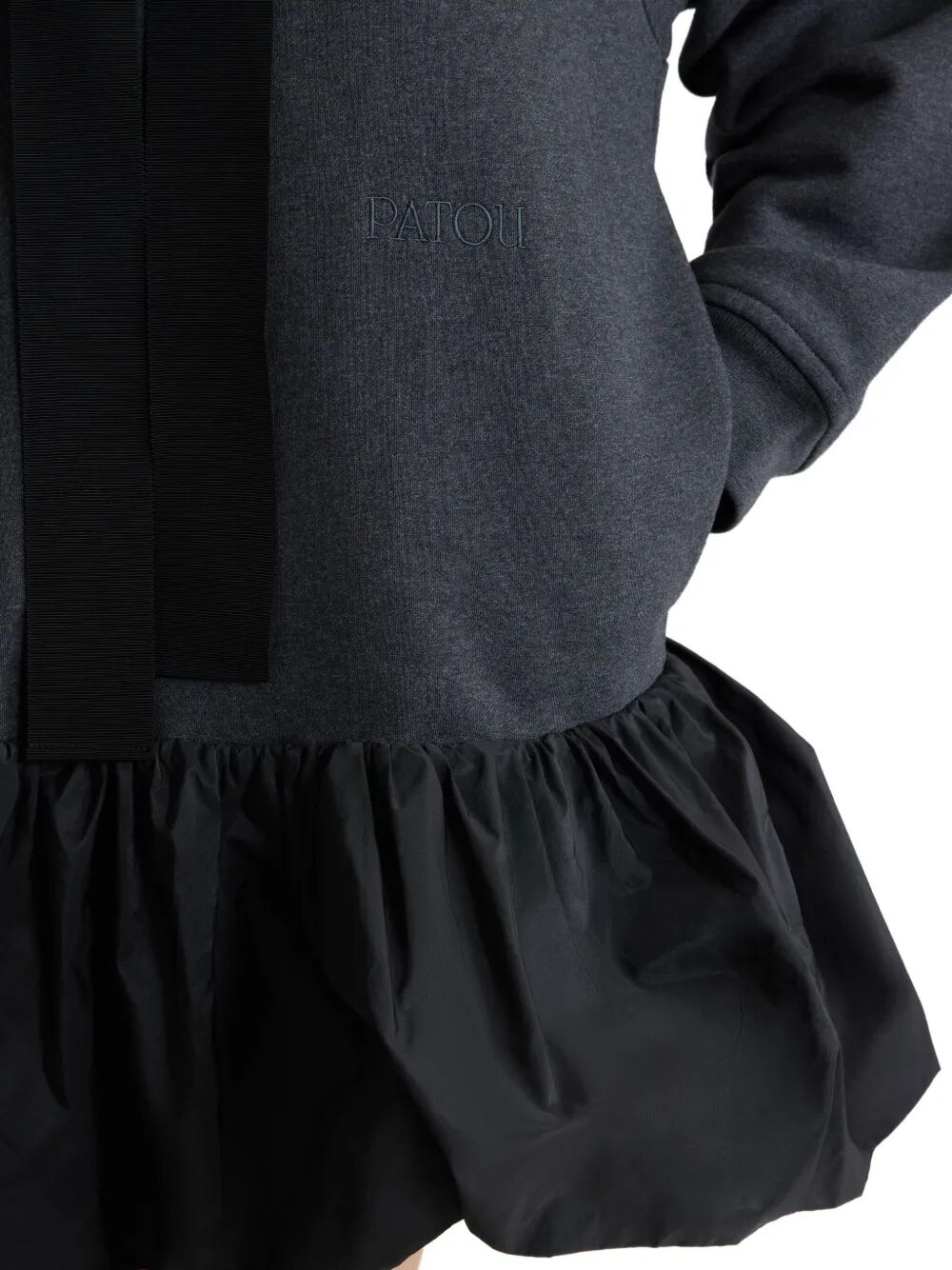 RUFFLE HEM HOODIE DRESS IN ORGANIC COTTON AND FAILLE