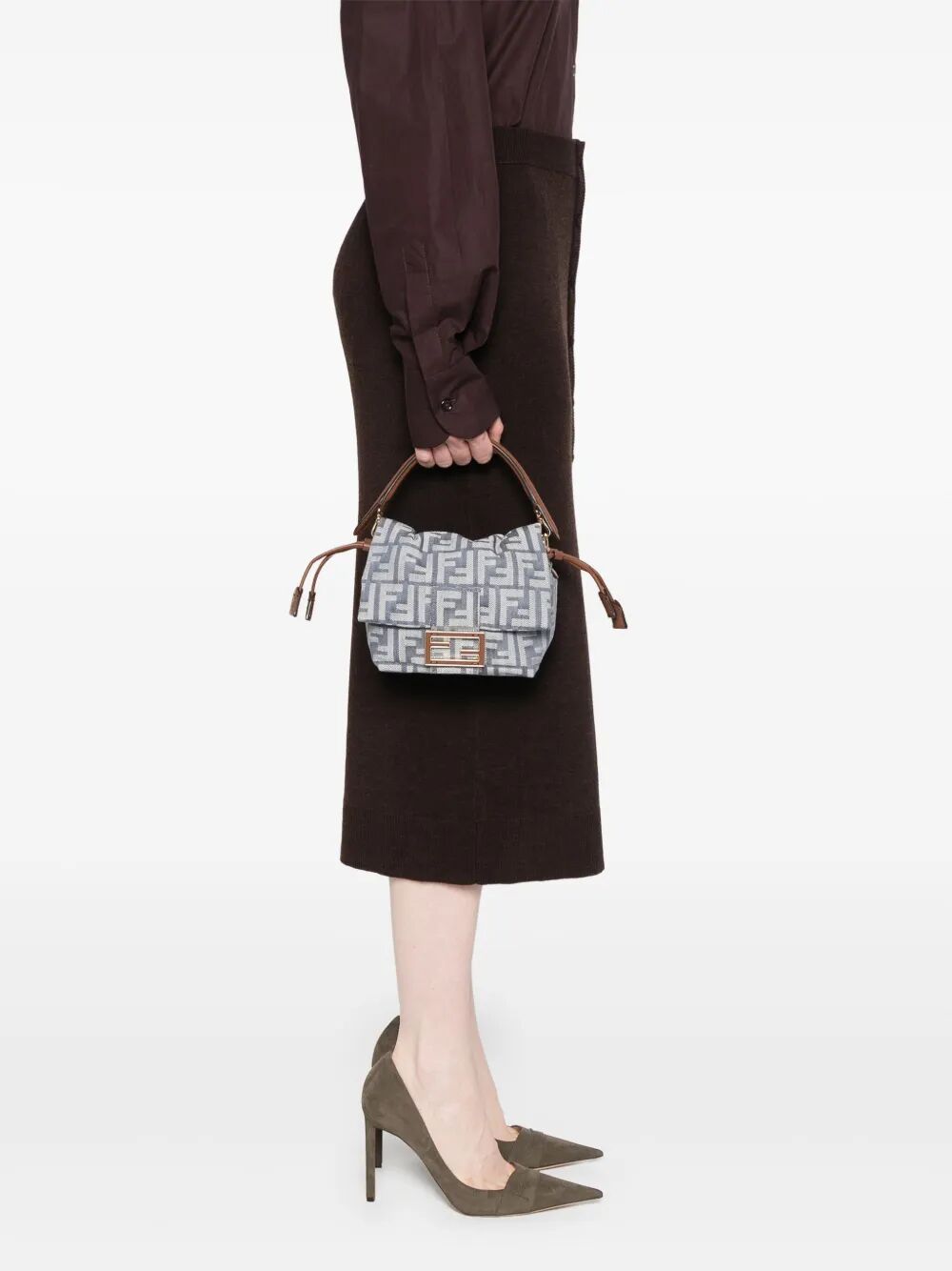 DENIM-EFFECT FF JACQUARD MAMMA BAGUETTE SMALL BAG