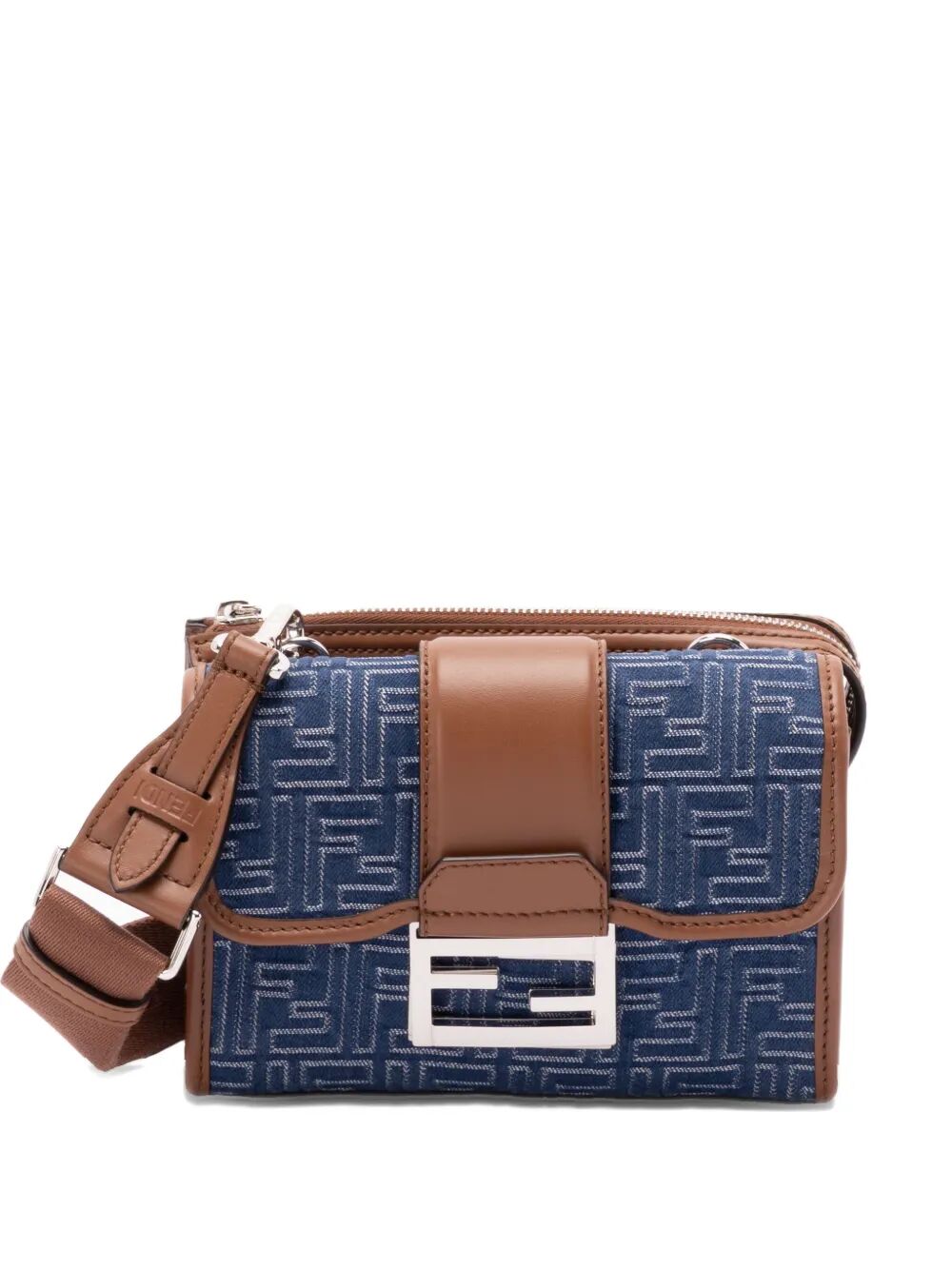 DENIM-EFFECT FF JACQUARD AND LEATHER DOUBLE BAGUETTE BAG