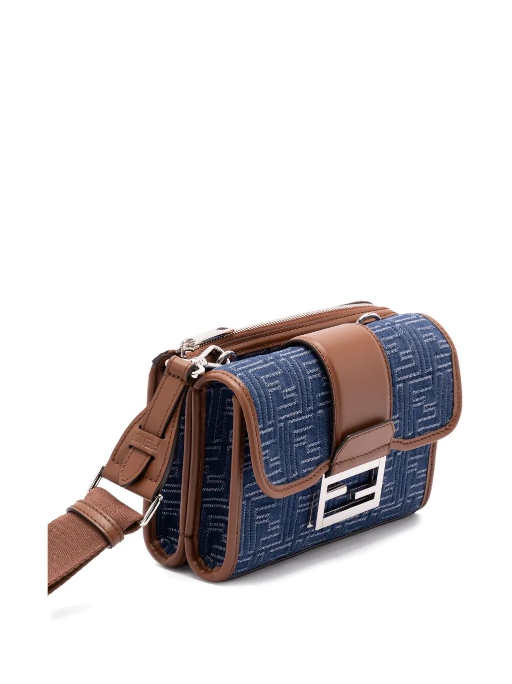 DENIM-EFFECT FF JACQUARD AND LEATHER DOUBLE BAGUETTE BAG