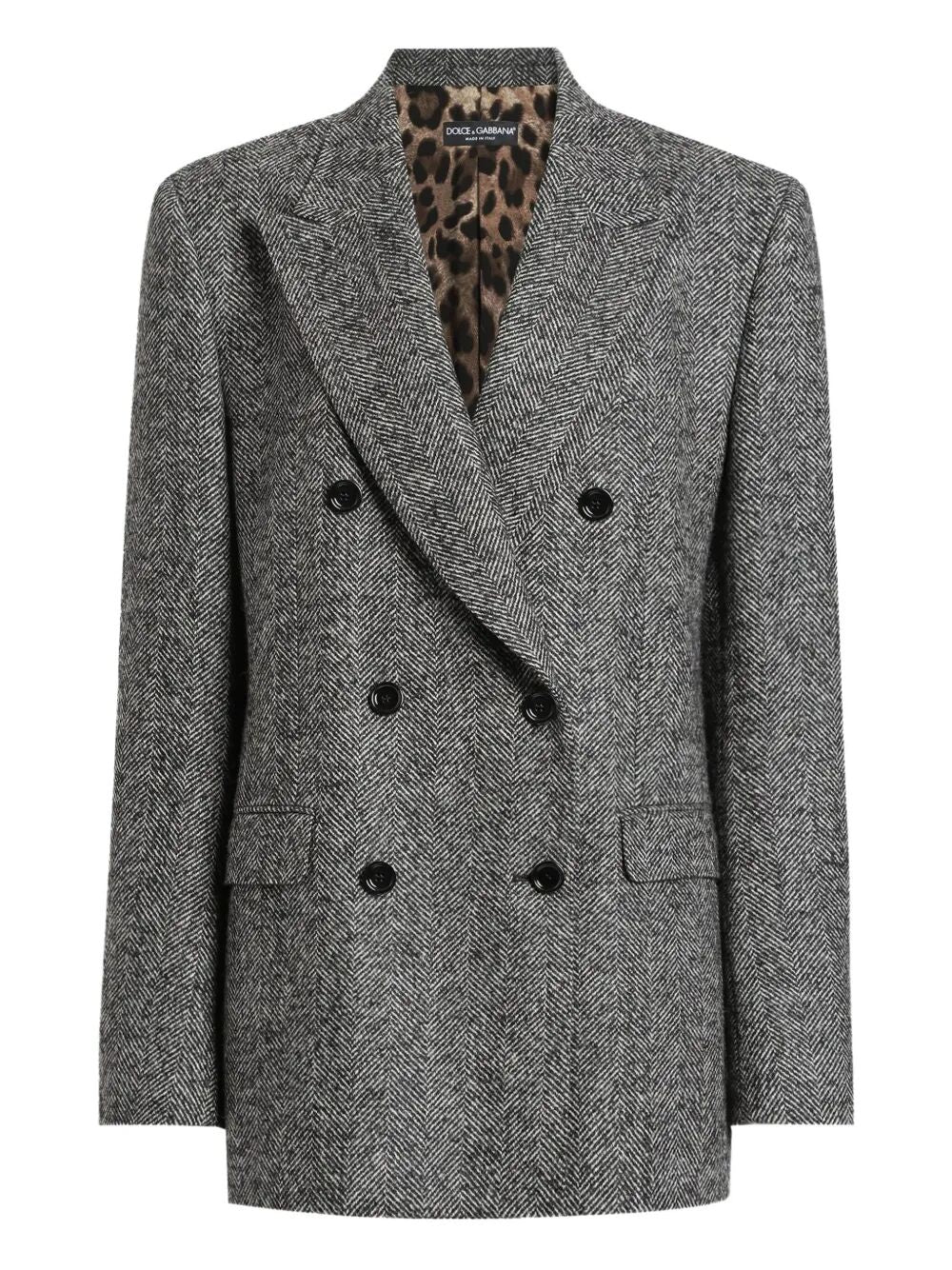 DOUBLE-BREASTED HERRINGBONE JACKET WITH ANIMAL PRINT LINING