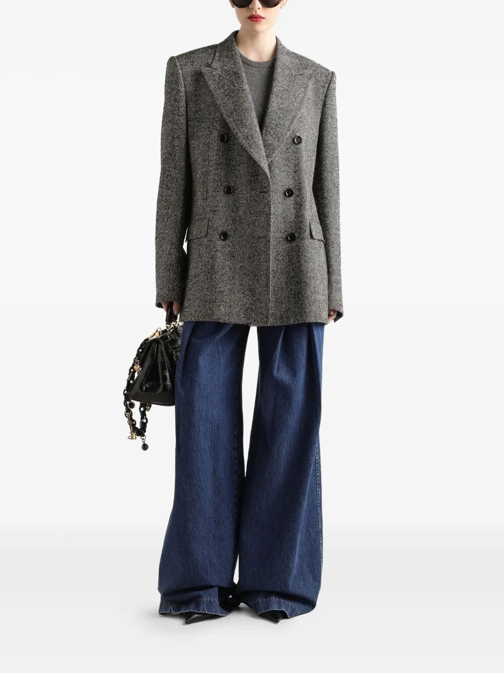 DOUBLE-BREASTED HERRINGBONE JACKET WITH ANIMAL PRINT LINING