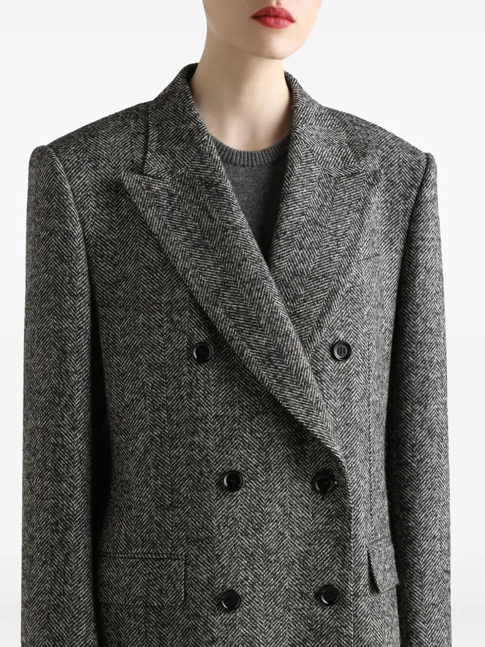 DOUBLE-BREASTED HERRINGBONE JACKET WITH ANIMAL PRINT LINING