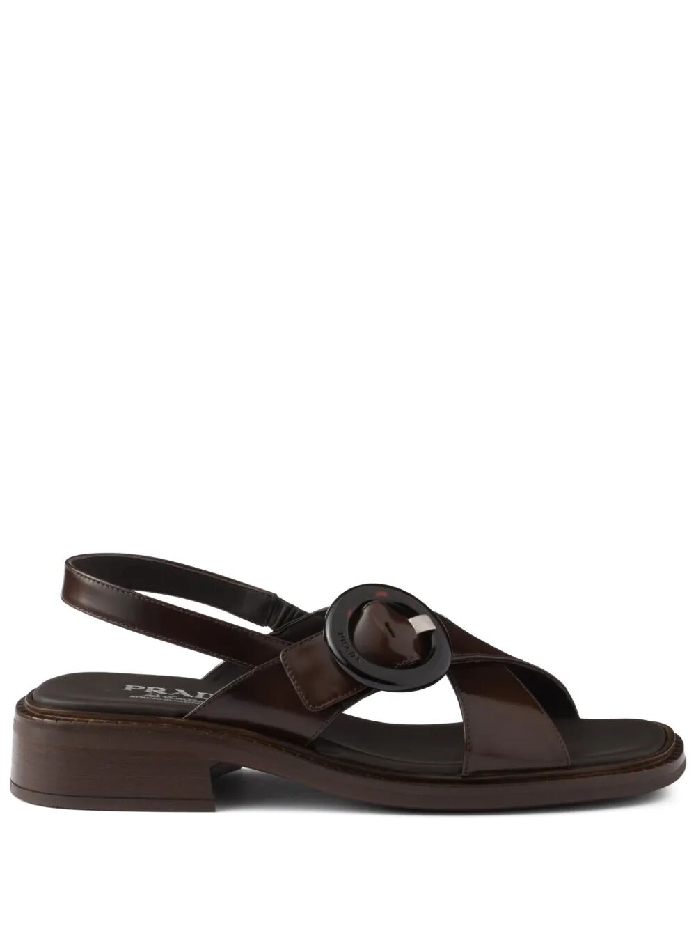 BRUSHED LEATHER CRISSCROSS BAND SANDALS WITH PLEXIGLAS BUCKLE