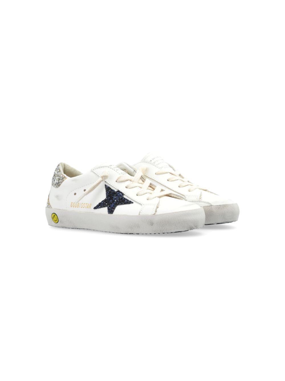 SUPER-STAR LEATHER SNEAKERS WITH GLITTERED BLUE STAR AND SILVER HEEL TAB