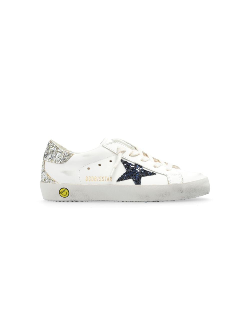 SUPER-STAR LEATHER SNEAKERS WITH GLITTERED BLUE STAR AND SILVER HEEL TAB
